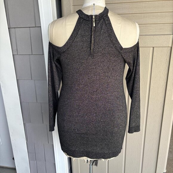 Torrid Cross Neck Cold Shoulder Sweater Womens 1X Black Sparkly Stretchy Goth - Picture 2 of 8